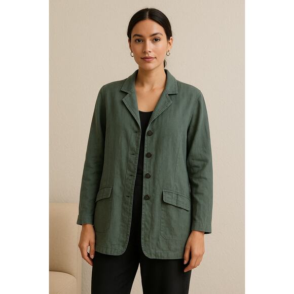 Flax Linen Lagenlook Green Blazer Jacket Minimalist Size Large - Picture 1 of 5